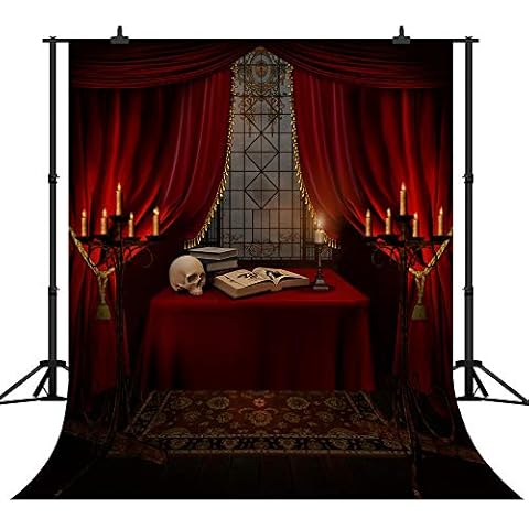 CapiSco 5X7FT Halloween Backdrop Nightmare Before Christmas Backgrounds for Baby Shower Portrait Indoor Night Antique Study Red Curtain Terror Skull Photo Studio Backdrop Party Decorations SCO87 Cover