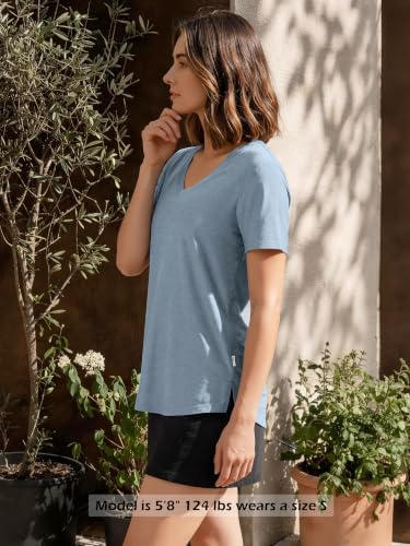 Image of ODODOS Women's Short Sleeve Performance V-Neck Tunic Tops, Ultra Soft odSTRATUM Tech Tee, Side Slit Relaxed T-Shirts