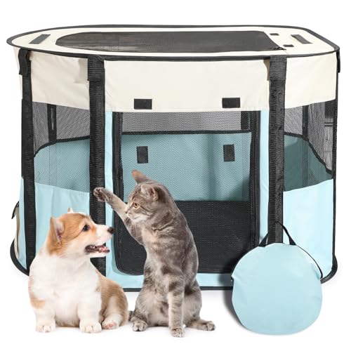 Image of Portable Cat Playpen, Foldable Indoor Outdoor Cat Enclosure, Pet Tent for Kittens and Small Animals, Collapsible Tent Kennel Cage House with Tent Pegs and Carry Bag