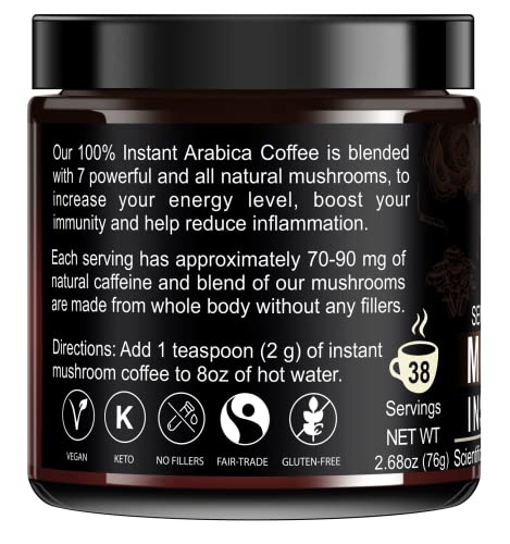 Solabela Coffee Organic Mushroom Coffee (38 Servings) With 7 Superfood Mushrooms, Great Tasting Arabica Instant Coffee, Includes Lion's Mane, Reishi, Chaga, Cordyceps, Shiitake, Mitake, And Turkey Tail #TOP7