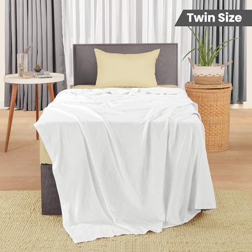 Utopia Bedding White 100% Cotton Blanket [Twin Size - 90x72 Inch] 350GSM Lightweight, Soft and Breathable Thermal Dorm Bed Blanket for All Seasons