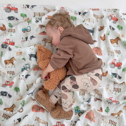 Image of LifeTree Muslin Swaddle Blankets, Baby Swaddles Blanket for Boys Girls Newborn Nursery, Soft Large 47 inch x 47 inch, Farm Animals, 70% Viscose from Bamboo and 30% Cotton