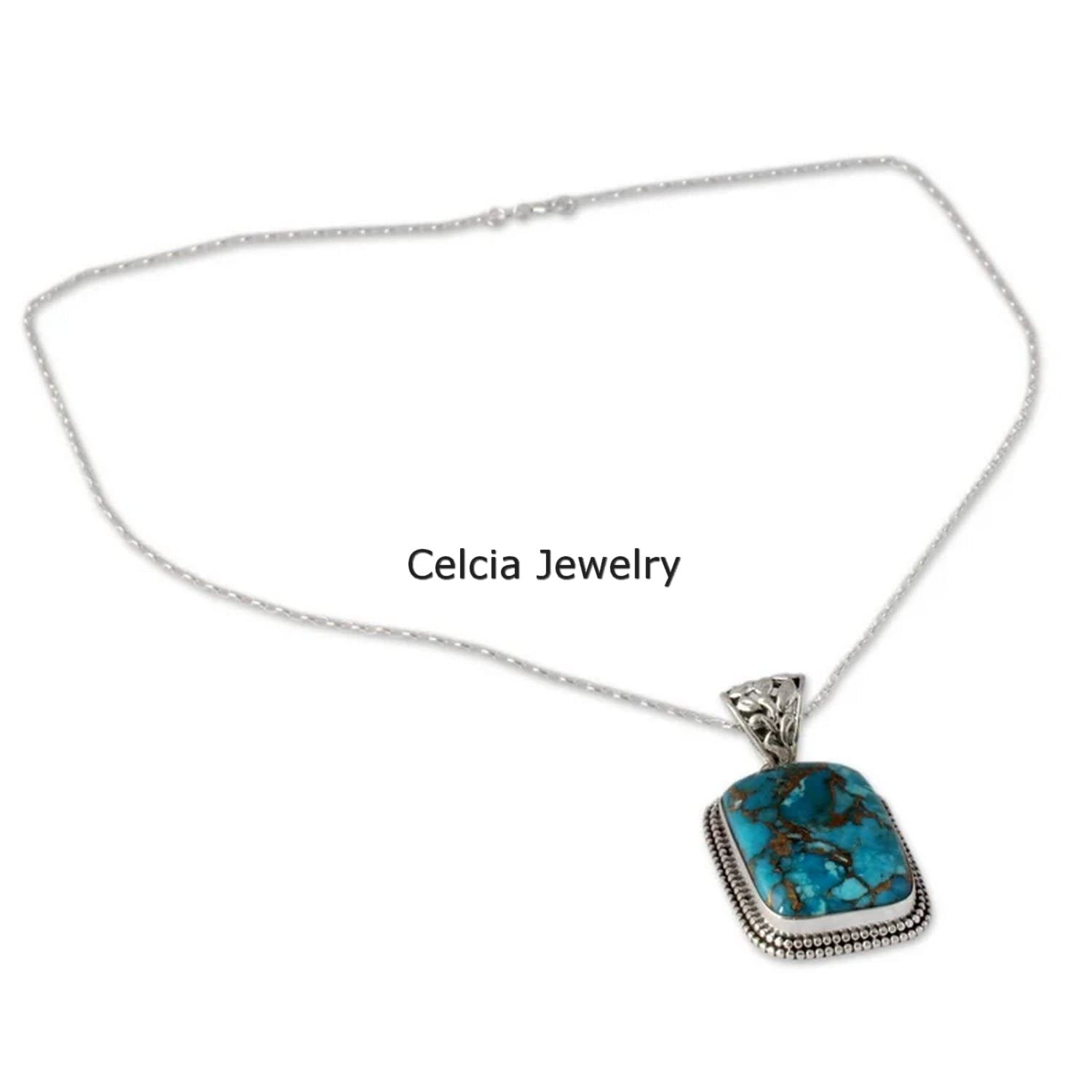 Collana in argento sterling puro 925 per donna, collana realizzata a mano unica con pietra preziosa turchese di rame blu rettangolo genuino per lei