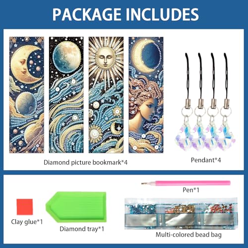 Image of 4-Piece Diamond Painting Bookmarks Set for Adults - Sun, Moon, and Waves Design DIY 5D Rhinestone Diamond Art Bookmark Kits with Tassels, Beautiful Diamond Art Bookmarks for Crafts Gifts