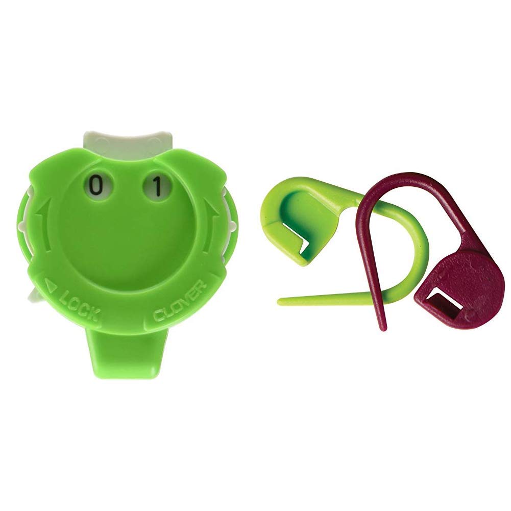 CloverKnitting Counter Kacha Mini, 1 & KnitPro Plastic Locking Stitch Markers, Pack of 30, Purple and Green