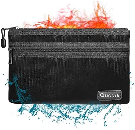 Fireproof Money Bag Two Pockets Two Zippers,Quctak Fireproof Safe Bag 10.6"x6.7" Waterproof and Fireproof Cash Bag Money Safe Pouch Storage for A5 Bank Deposit,Passport,Jewelry (1 Layer Protection)