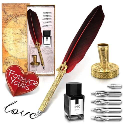Red Feather Quill Pen and Ink Set - 11.4' Antique Feather Pen and Ink Set with Stainless Steel Nib...