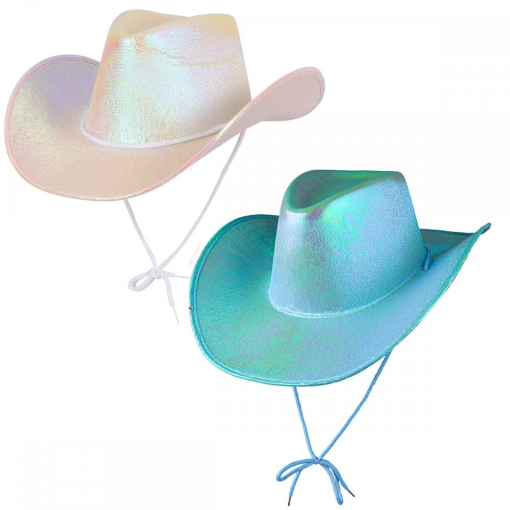 Titch & Timbo 2 Pack Cowgirl Hats (Multiple Options) : Adult Ladies Womens Western Wild West Hen Night Music Festival Barn Dance Rodeo Fancy Dress Cowboy Costume Accessories (Iridescent, Aqua,White)