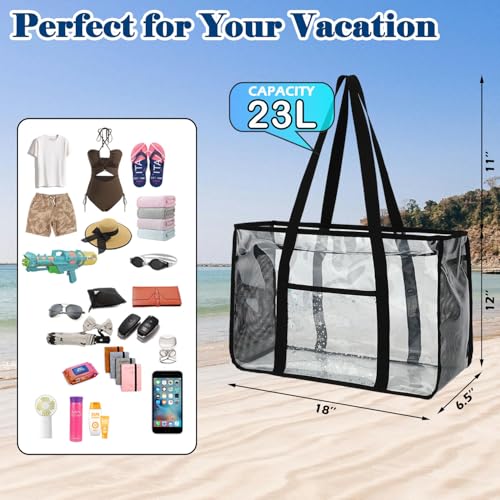 Image of Fammart Clear Beach Bag for Women, Large Pool Tote Cruise Vacation Essentials - Zipper Closure, Waterproof, Sandproof
