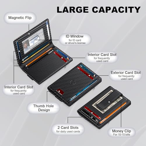 Image of Wallet for Men 14-16 Cards, Men's Leather Wallet, Minimalist Thin Card Holder RFID Blocking Money Clip with Simplified Bill Folder & Magnetic Closure, Gifts for Men, Carbon Fiber