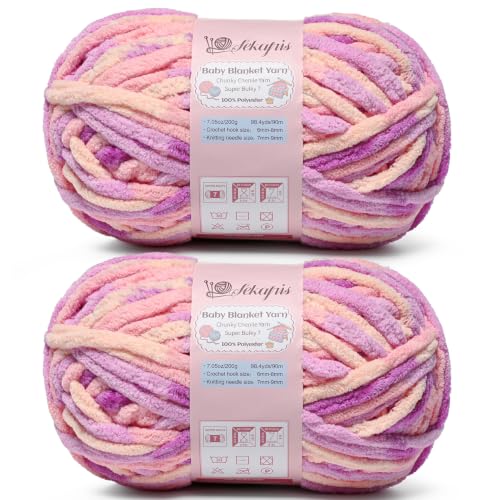 Image of 2 Pack Pinkish Purple 14.1 oz /196.8 yds Chunky Chenille Yarn for Crocheting #7 Yarn Baby Blanket Yarn for Crocheting Soft Fluffy Velvet Yarn for Knitting Amigurumi Crochet Yarn for Crafts