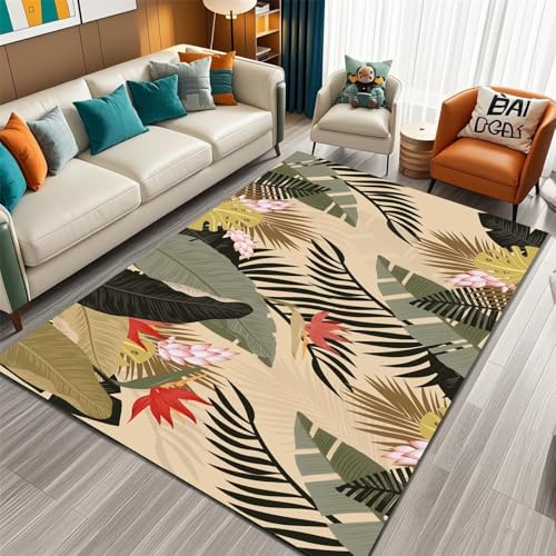 Kunsen Mädchen Teppich Kinderzimmer 140X200CM Schwarz Büroteppich Bettumrandung Groß Dekorative Staubmatte mit grünem Blattmuster