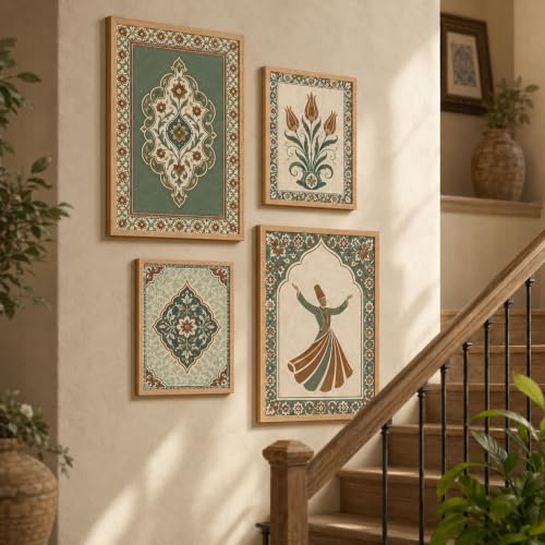 Image of Livin'luxe Set of 4 Persian Floral & Sufi Dancer Wall Paintings with Sparkle Laminate and Premium Wooden Synthetic Frame for Living Room Bedroom Office Decor (13.5 x 19.5 Inch & 11.5 x 13.5 Inch)