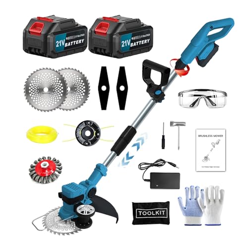 Rasentrimmer mit Akku und Ladegerät 21V Rasentrimmer und kantenschneider für Makita mit 2X3.0Ah Akku & unkrautbürste 4 Klingentypen Bürstenloser Motor-Blue