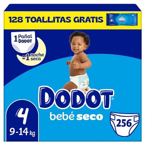 Dodot Bebé Seco Talla 4 (9-14 kg) 256 Pañales + 128 Toallitas Dodot Dermo GRATIS | Mega Pack Ahorro, Máxima Absorción