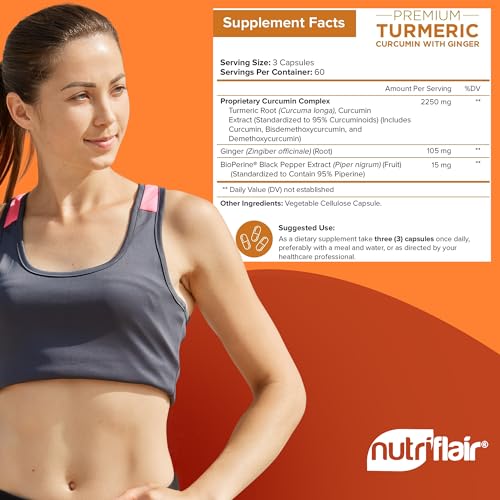 Nutriflair TUM2180 Turmeric Curcumin With Ginger And Bioperine Black Pepper Supplements, 180 Capsules - 95% Curcuminoids - Joint Support, Antioxidant thumb #4
