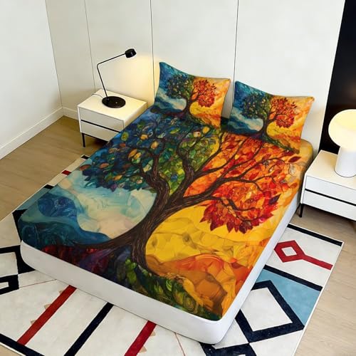 Drap-housse 140x200 cm Arbre des Saisons en microfibre 3D pour lit double - 5