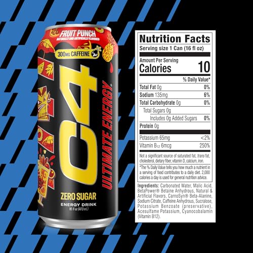Image of C4 Ultimate Zero Sugar Energy Drink, Tri-Stim Experience with 300mg Caffeine + TeaCrine + Dynamine, Fruit Punch, 16oz (Pack of 12)