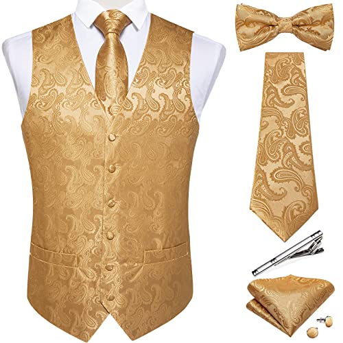 Dibangu Mens Formal Gold Vest And Bow Tie Sets Waistcoat And Tie Pocket Square Cufflinks Business Party #TOP12