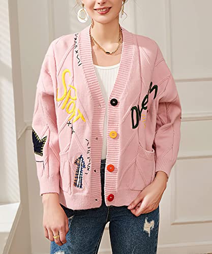 Image of chouyatou Women's Cable Knit Embroidery Patchwork Cardigan V Neck Long Sleeve Open Front Button Down Sweater