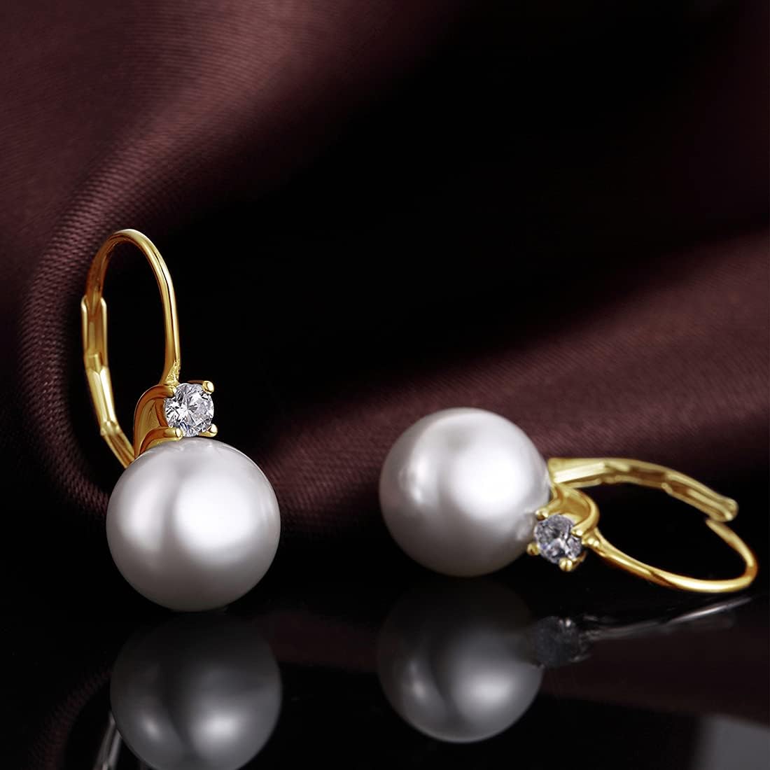 JiayangJY Women 18K Rose Gold Plated Diamond Pearl Earrings Sterling Silver Drop leverback Earrings 10MM White Round Pearls