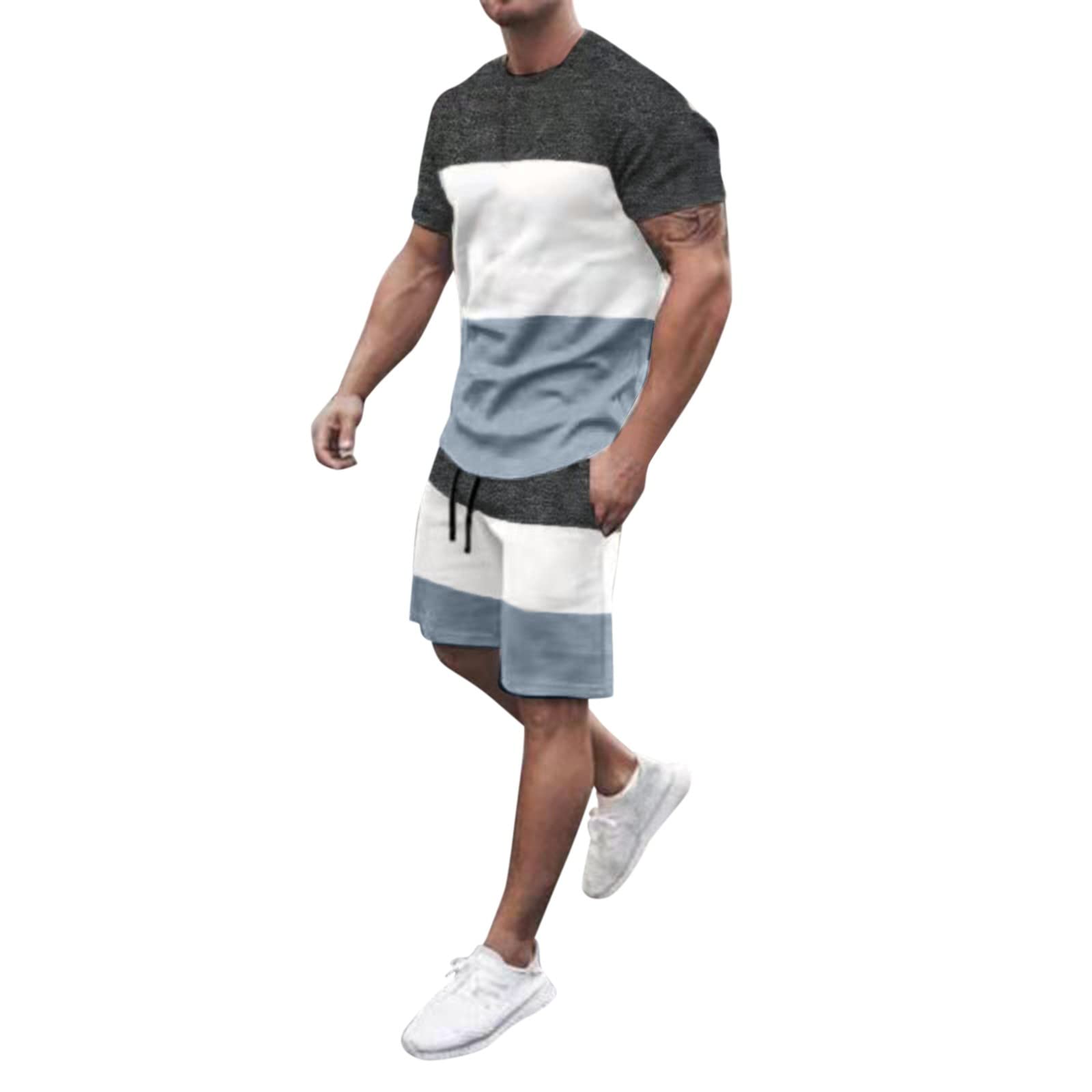 QWUVEDS Hombres Verano Primavera y Verano a Rayas Cuadrado Chándal de 2 piezas Trajes de Manga Corta Camisetas y Pantalones Cortos Conjuntos de jogging Traje deportivo Sudaderas Ropa Deportiva Chándal Traje