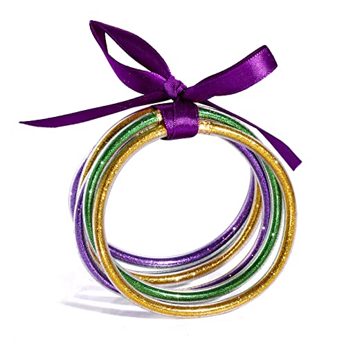 FAERLIIRY Mardi Gras Bangle Bracelets for Women Glitter Jelly Bangle Bracelets Budahgirl Bracelets Lightweight Cute Silicone Bracelets Mardi Gras Gifts (Mardi Gras-6PCS)