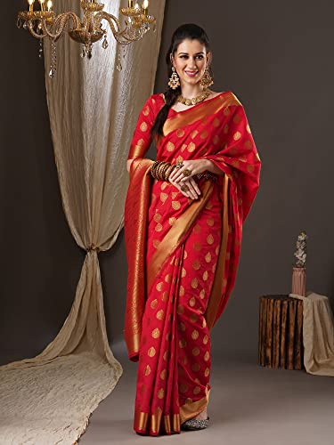 Image of AKHILAM Women's Floral Silk Blend Woven Design Saree With Unstitched Blouse Piece (Red 2RAWS9030 WBG)