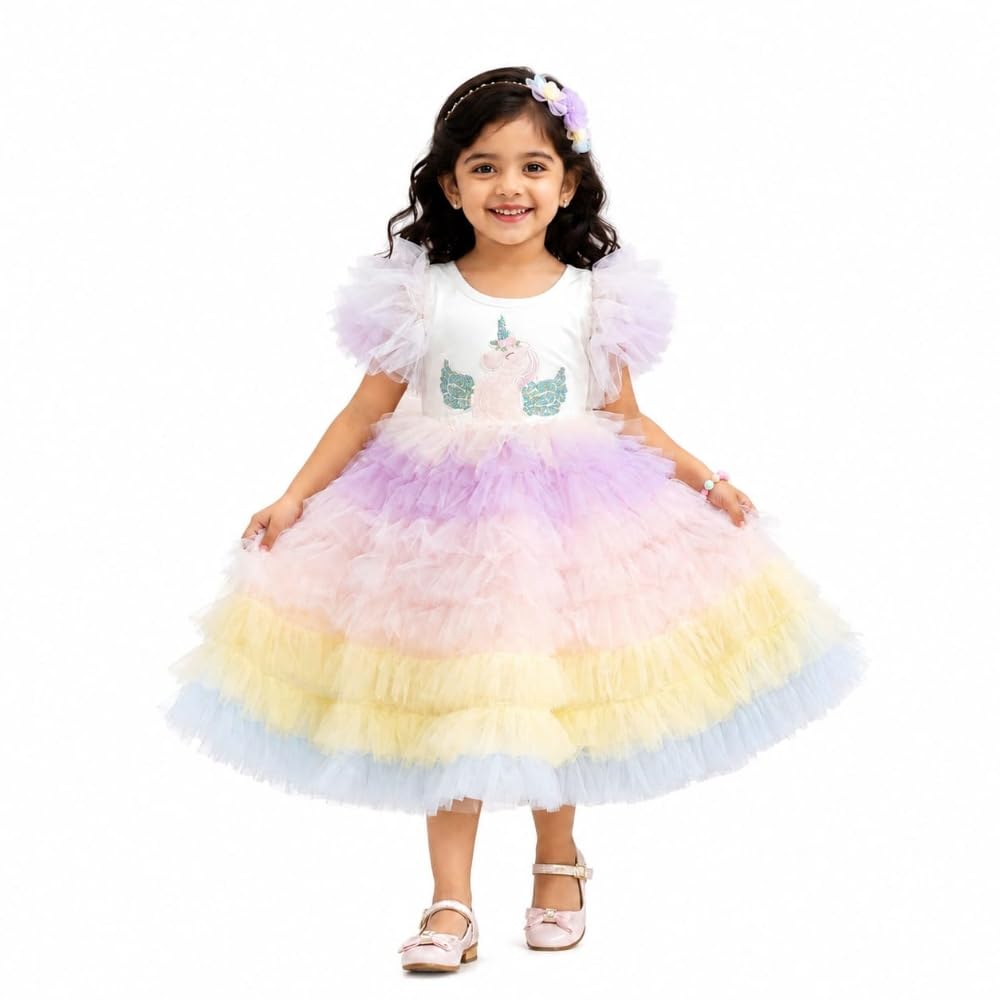 Girls Unicorn Rainbow Party Dress, Pastel Multicolour, Tulle, Sequin Motif, Layered Ruffle Skirt, Birthday and Special Occasions-image-35