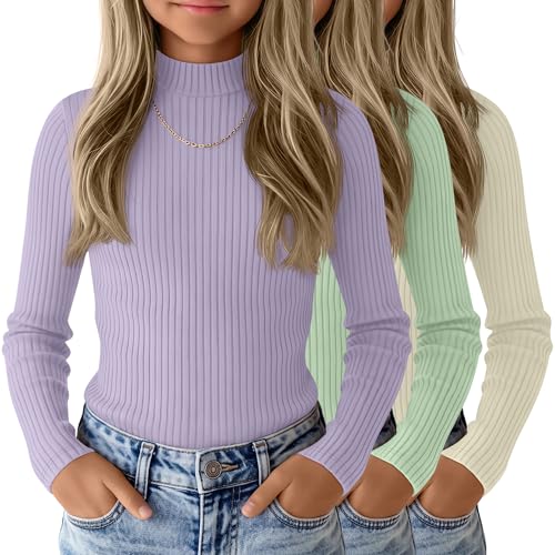 LessonZoo 3 Pack Girls Ribbed Long Sleeve Shirts Cotton Mock Turtleneck Tops Tag Free Knit Base Layer Tee Casual Undershirts(Cream Light Purple Light Green 5-6 Years)