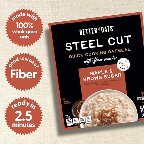 Image of Better Oats Steel Cut Instant Oatmeal Packets, Maple and Brown Sugar Flavor with Flax Seeds, Quick-Cooking Breakfast, Box of 10 Pouches (Pack of 6)