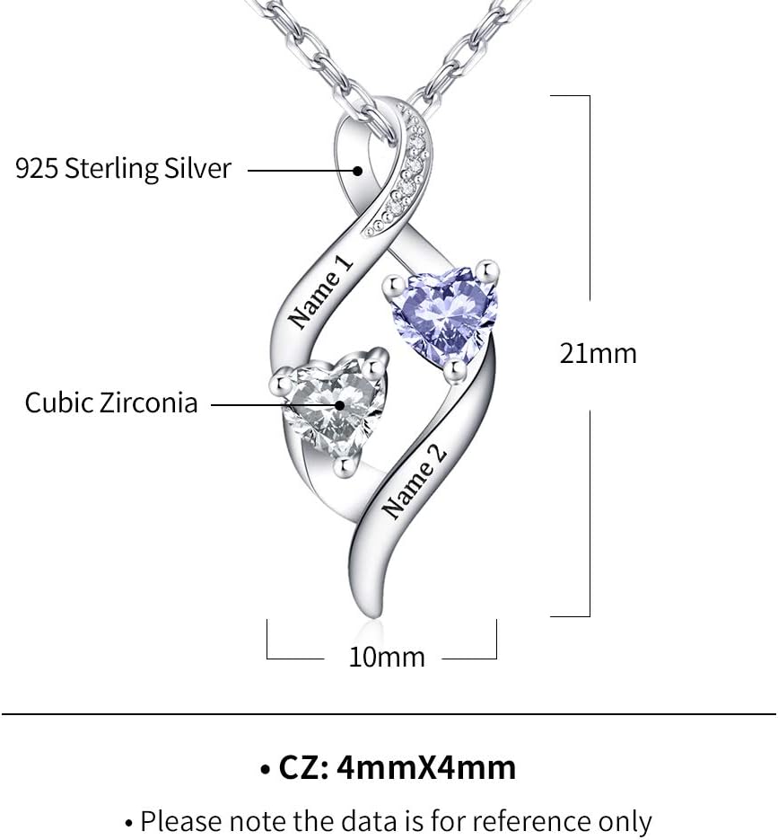 Novgarden Sterling Silver Personalized 2 Names Mom Love Necklace, Double Heart Birthstone Pendant Engraved Infinity Necklace Mother Daughter Gifts for Mom