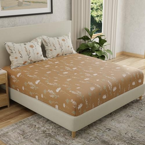 Image of HUESLAND by Ahmedabad Cotton 144 TC Cotton Elastic Fitted Bedsheet for Double Bed with 2 Pillow Covers | 60 x 78 inches