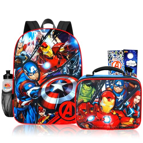 Marvel Avengers Backpack and Lunchbox Set - Bundle of 16 Superhero Backpack Insulated Lunch Box Stickers More | Avengers School Bag for Kids