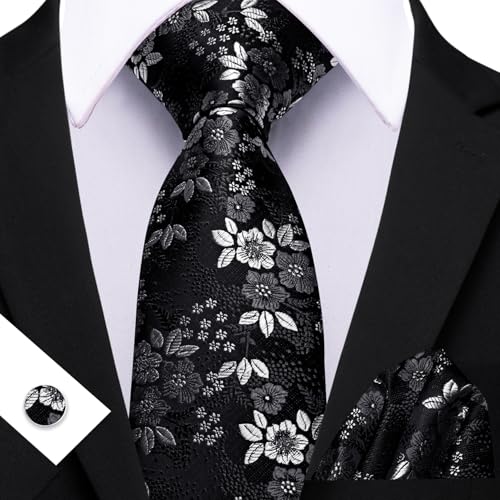 Image of Barry.Wang Men Tie Set Floral Paisley Silk Necktie Pocket Square Cufflinks Formal Wedding Party Business