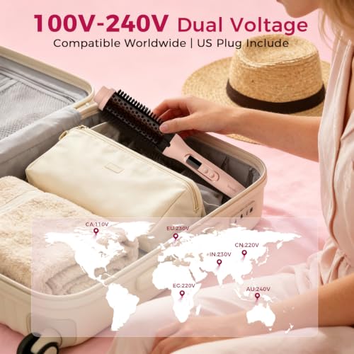 Image of Infrared Thermal Brush, Dual Voltage Negative Ions Heated Round Brush, 1 1 /2 Inch Straightener & Curling Iron Brush 2 in 2, Dual PTC Non-Blowing Thermal Round for Wome, Soft Pink