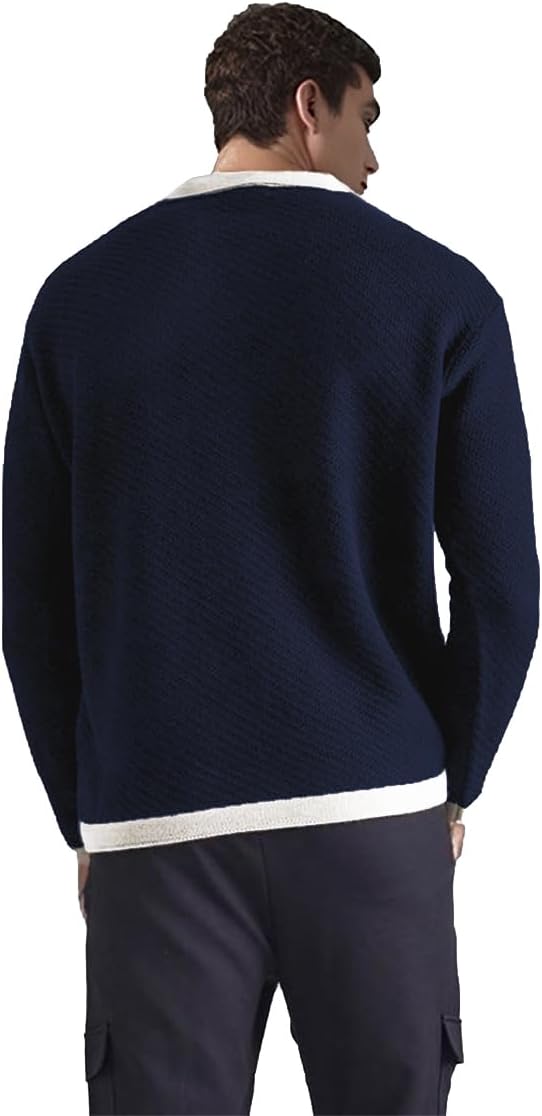 BAYAMO Mens Polo Sweater V Neck Long Sleeve Pullover Sweater Casual Knit Textured Sweater Navy M - Image 2