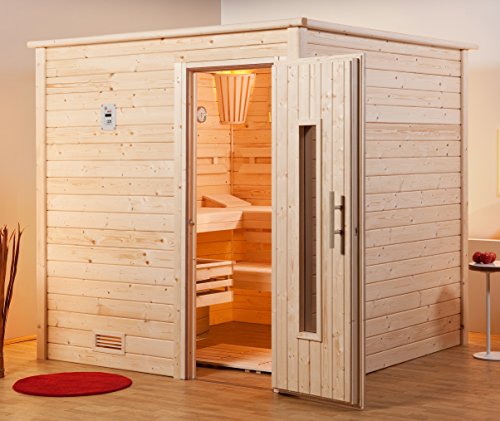 Weka 58 mm Wellnissage Massivholzsauna Terra I Fronteinstieg Set mit 7, 5 KW BiOs Ofen, braun, 223 x 228 x 216 cm, 571.2222.00.20