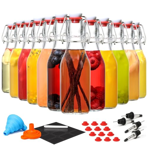 12 Pack 8.5oz Flip Top Glass Bottles, Swing Top Beer Brewing Bottle for 2nd Fermentation, Kombucha, Kefir, Vanilla Extract, Coquito, Juice, Tea - Airtight Stopper Cap Lid, Bonus 4 Bottle Pourers