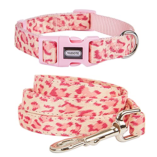 YUDOTE Basic Dog Collar and Lead Set Medium,Soft Strong Collars Leash Combo with Premium Flocking Fabric for Medium Sized Breeds Daily Walking,Pink Leopard Pattern