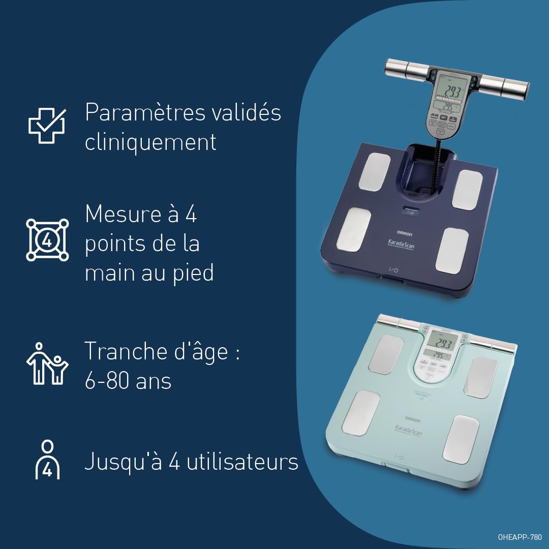 OMRON BF511 Balance Pèse Personne Impédancemètre Familiale avec Mesure Complète à 8 Capteurs, Analyse de l'IMC et du Pourcentage de Graisse - Balance Numérique pour Adultes/Enfants (6 ans+)