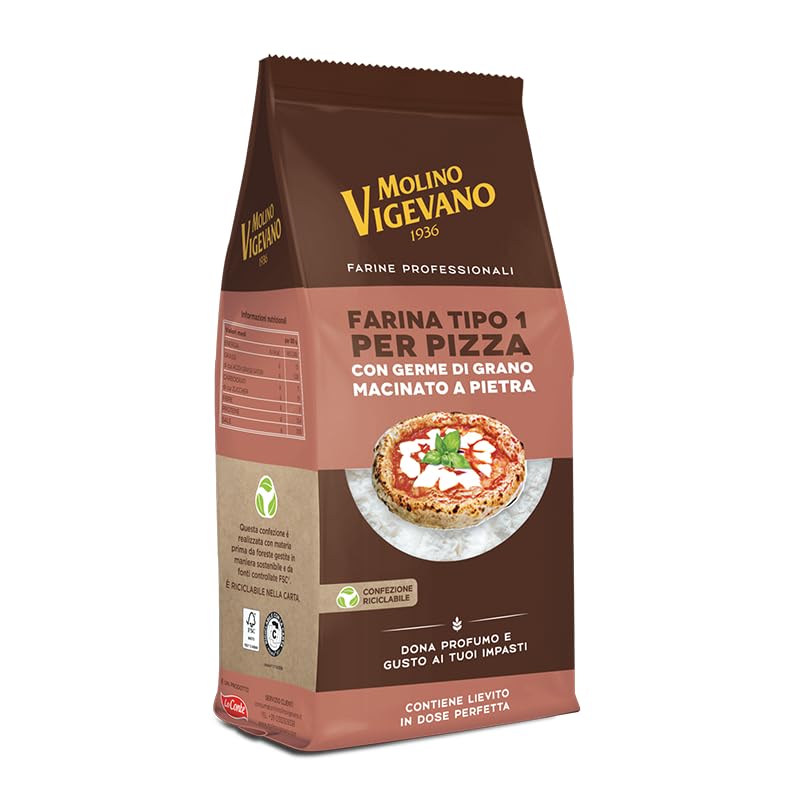 Molino Vigevano | Farina Tipo 1 Poco Raffinata, Farina per Pizza con Lievito, Dose per 4 Pizze | Confezione da 500 gr (12 pezzi)