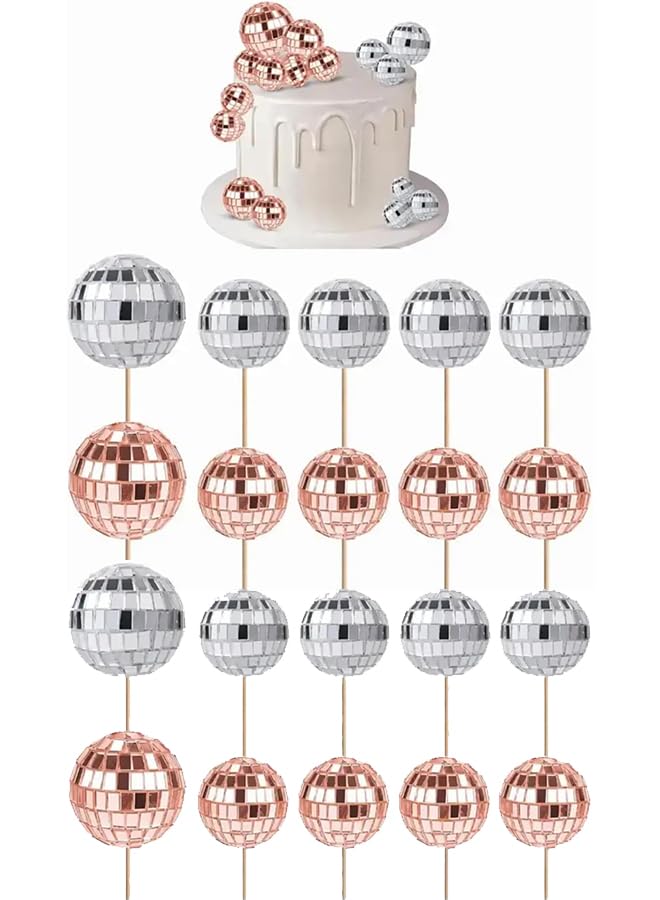 Yeesabella 20pcs Disco Ball Cupcake Toppers, 70s Retro Cake Decorations With Stick for Dessert, Shiny Mini Ball Picks for Birthday, Theme Party Supplies for Decor Ornament Rose Gold