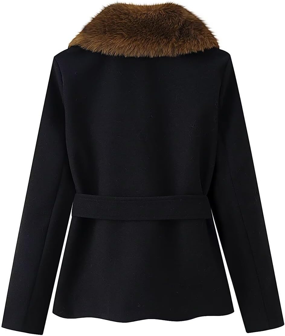 Women's Faux Fur Collar Wool Blend Coat Long Winter Overcoat with Detachable Hood Warm Jacket