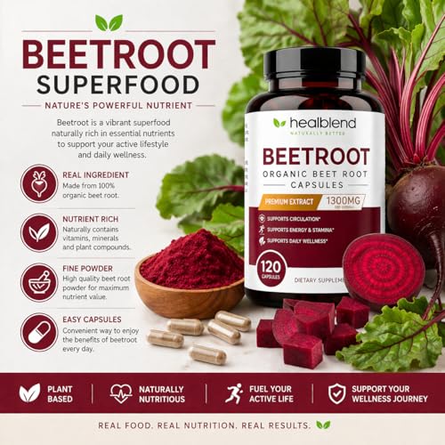Image of Healbend Organic Beet Root Capsules 1300mg - Nitric Oxide Booster Beets Support Healthy Blood Pressure, Heart Health, Circulation Superfood - 120 Count