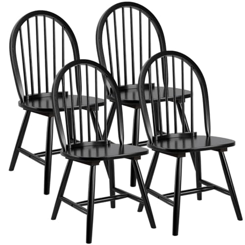 Image of COSTWAY Windsor Dining Chairs Set of 4, Mid-Century Modern Wood Chairs w /Spindle Back & Reinforced H-Shaped Legs, Farmhouse Armless Kitchen Chair for Living Dining Room, Restaurant (Black)