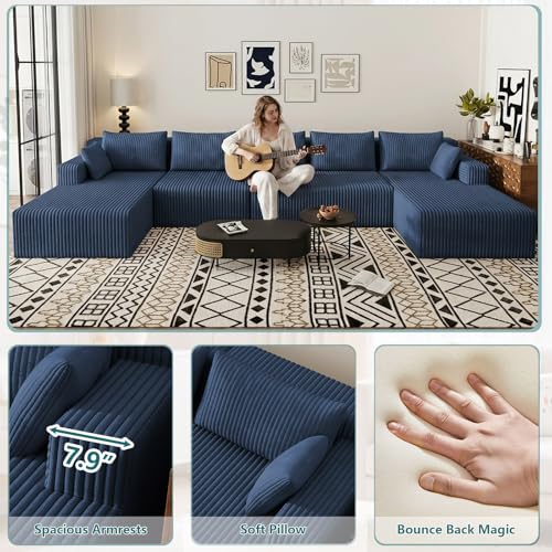 Image of 160 inch U-Shape Cloud Couch, Modern Modular Sectional U-Shape Sofa, Corduroy Boneless Couch Upholstered Couches Deep Seat Sleeper Chaise Longue for Living Room, No Assembly Required,Blue