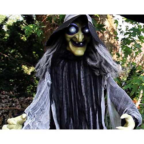 Haunted Hill Farm 9.5-Ft. Animatronic Witch, Indoor or Covered Outdoor Halloween Decoration, Prop With Light-up White Eyes, Poseable and Battery Operated Fright Prop for Home