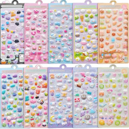 3D Puffy Stickers 10 Sheets 500+ PCS Mini Kawaii Resin Decorative Stickers for Scrapbooking Phone Case Notebook Journal