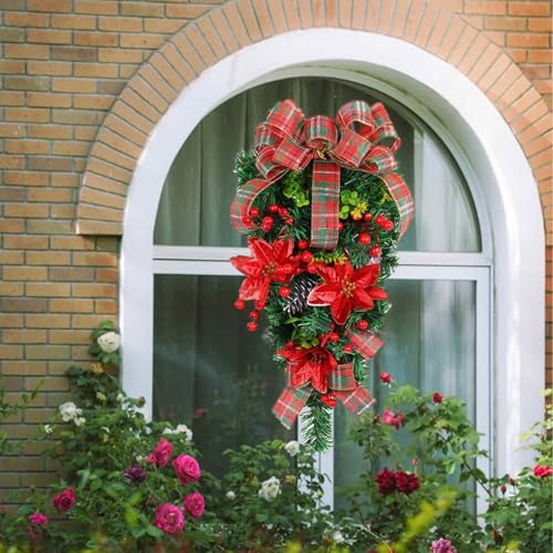 Firlar Christmas Artificial Swag, Xmas Teardrop Swag Wreaths Wall Door Stair Swag Garlands Decorative Christmas Swags for Hanging Front Door Xmas Decor Outdoor Home Garden Decor